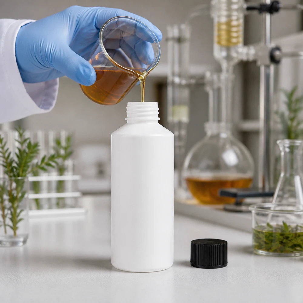 Laboratorieteknikern häller en brun vätska i en vit 100 ml HDPE-apotekflaska med svart lock