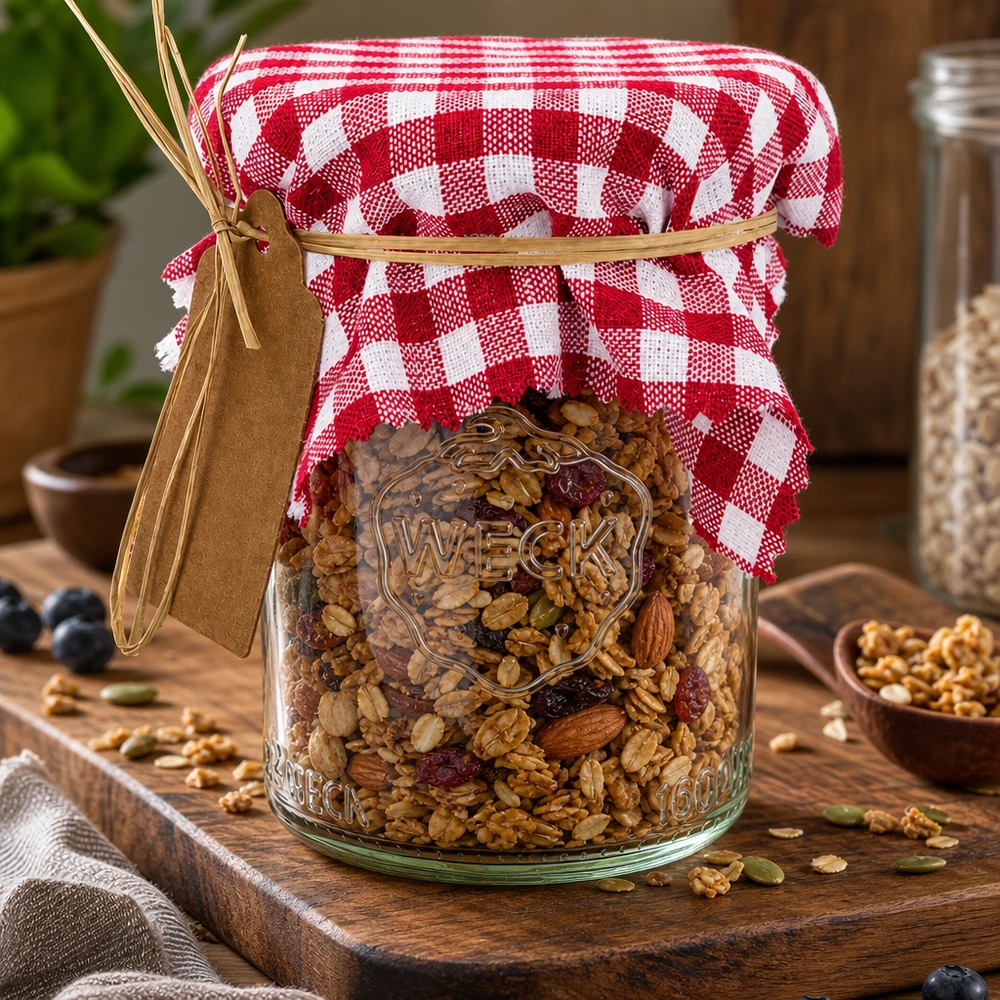 Smyckes servett i tyg med rödbrunt rutmönster, 12 cm i kvadrat Bordeaux-kariertes Schmuckdeckchen 12cm auf Weckglas mit Müsli-Mix als dekorative Geschenkverpackung