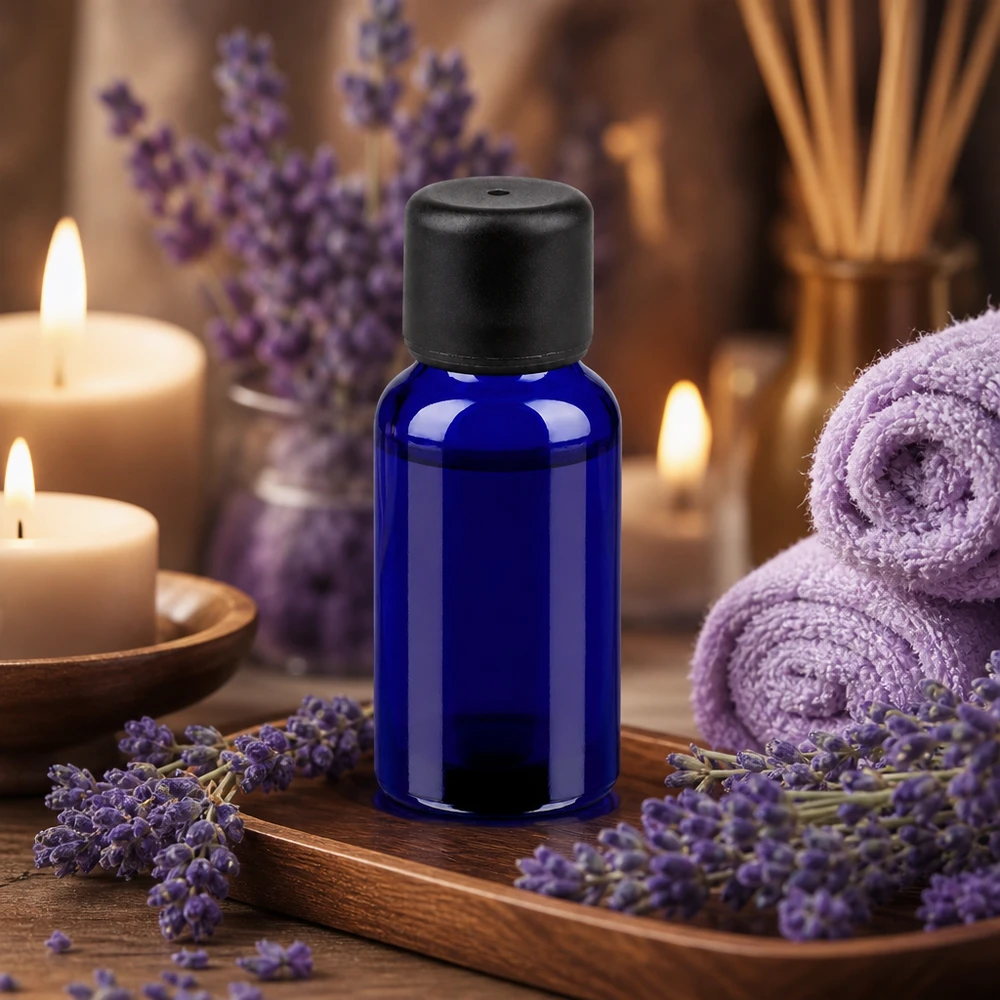 Kompakt 20 ml violett glasflaska med 6 mm SV-lock för aromaterapi och wellness-applikationer