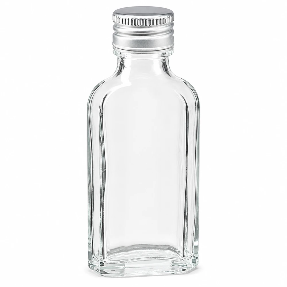 50 ml Meplat klar med aluminiumlock silver PP22 50 ml Meplat-glasflaska, klar, med silverfärgat aluminiumlock PP22 för spritdrycker och likör