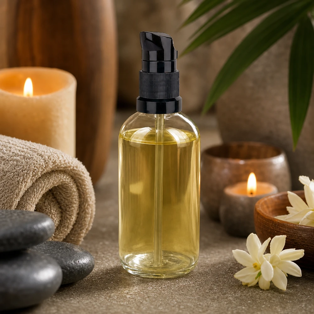 100 ml flaska i klart glas med svart doseringspump, ljusgul massageolja, spa-ljus, stämning, wellness