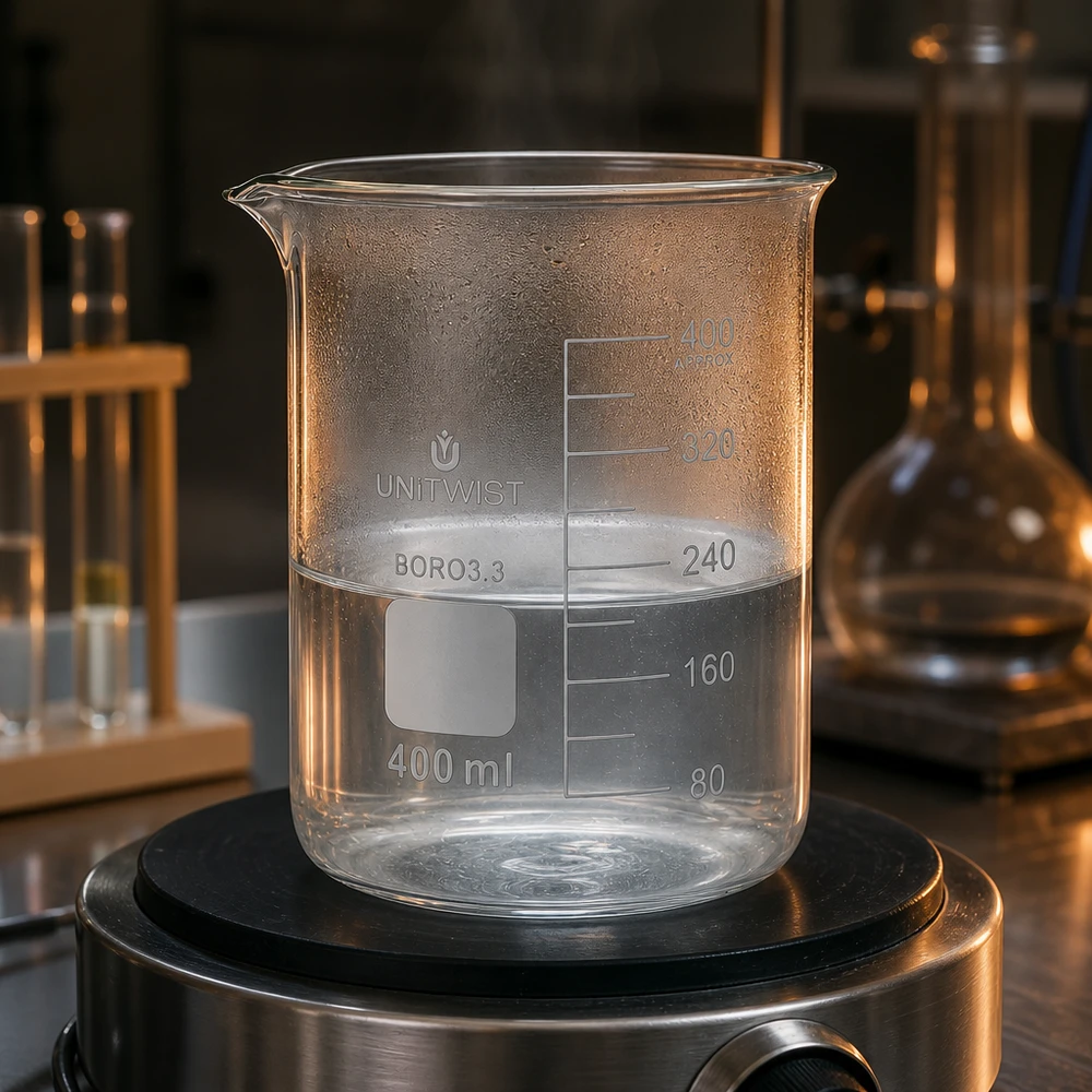 Bägare 400ml borosilikat, lågformad UNiTWIST Genomskinligt bägarglas, 400 ml, låg form, på en magnetomrörare med en klar vätska i laboratoriet