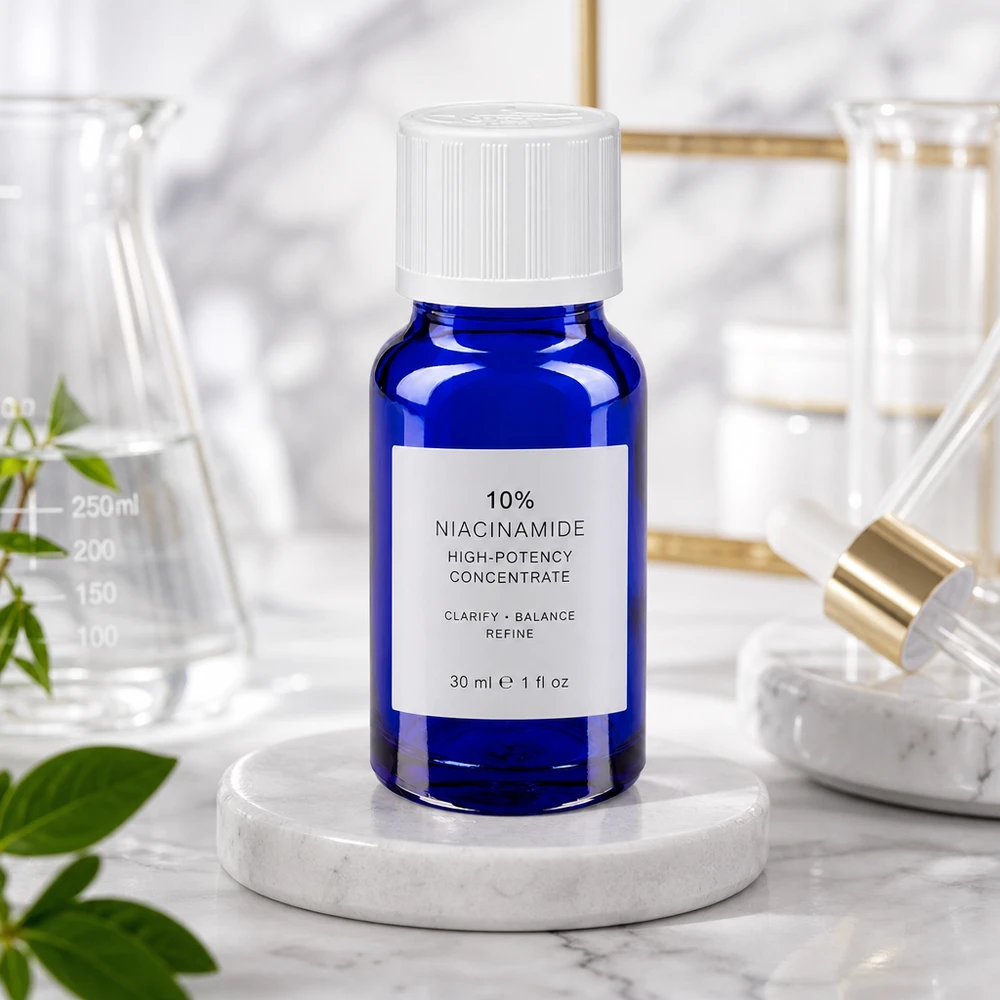 Apoteksflaska blå 10ml dropplock vit barnskyddande standard 10 ml blå droppflaska av apotekerglas med vitt barnsäkert lock, avsedd för niacinamidserum