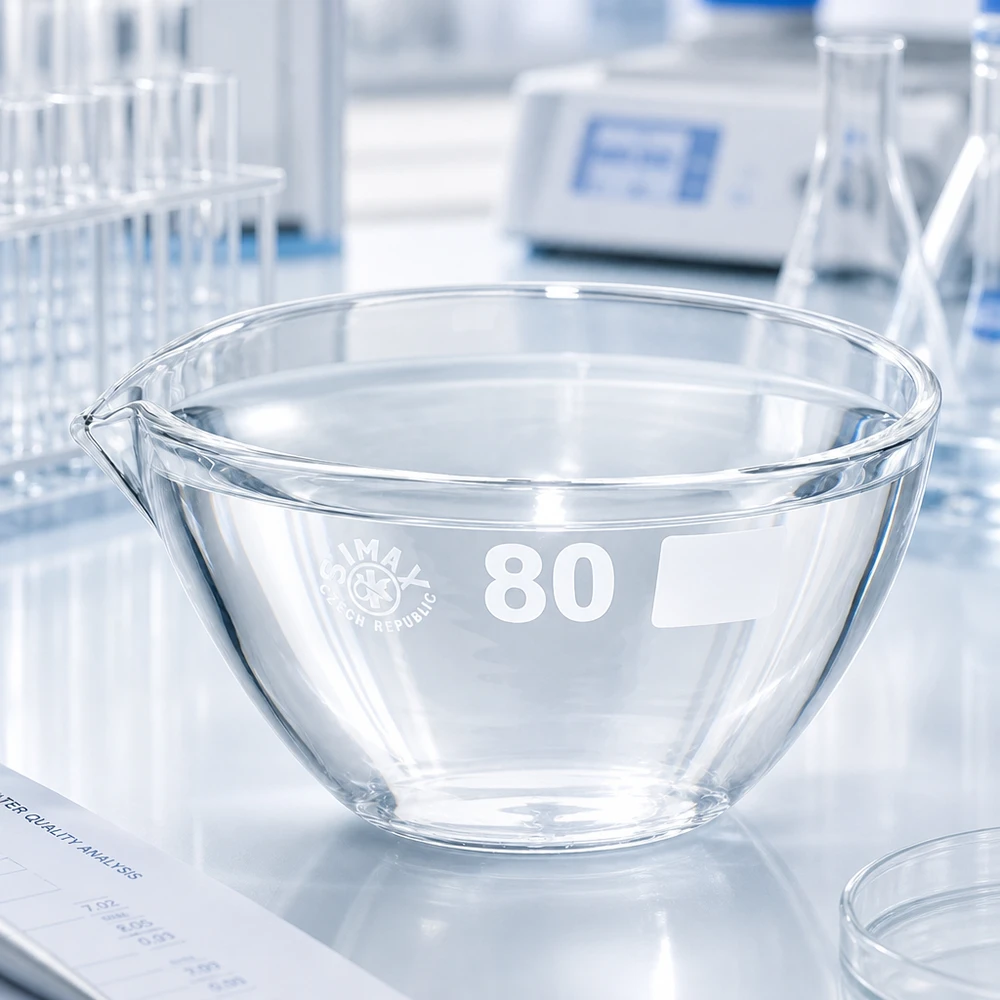 90ml indunstningsskål med pip av borosilikat ø80mm Transparent 90 ml laboratorieskål i borosilikat med pip, idealisk för indunstningsprocedurer