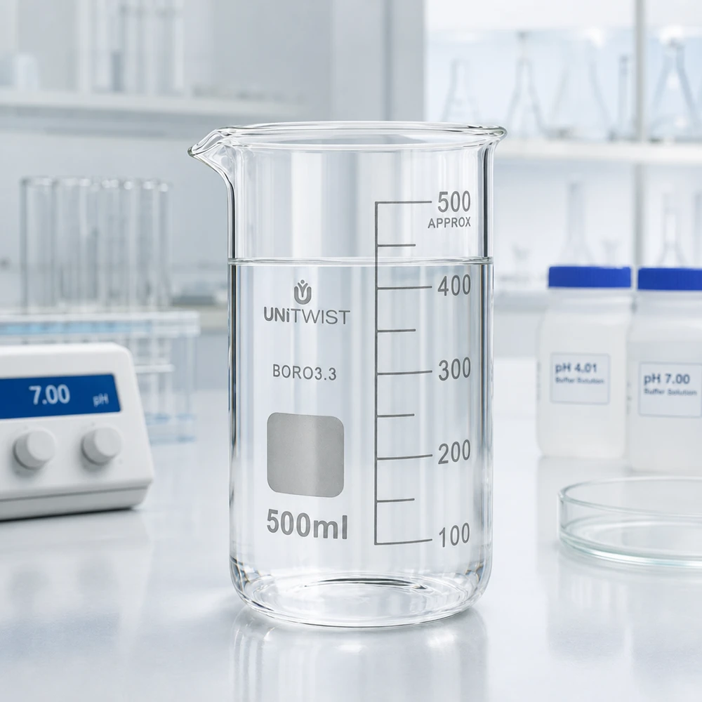 Bägare 500ml borosilikat, högformad UNiTWIST Tomt bägarglas, 500 ml, hög form, av klart borosilikatglas 3.3, bredvid pH-mätaren i laboratoriet