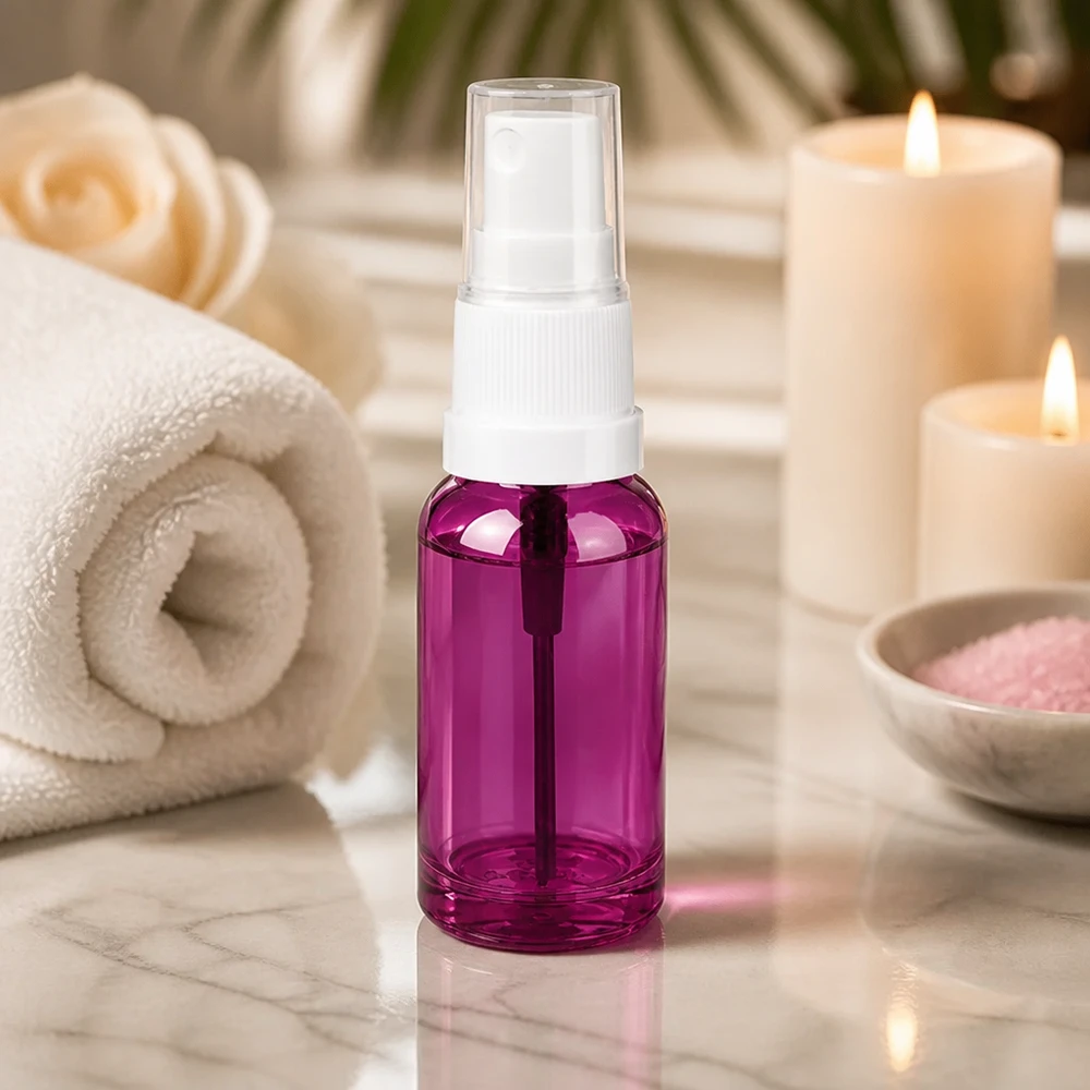 20ml sprayflaska vit/transparent Standard PurpleLine UT18/20 20 ml sprayflaska med genomskinlig lila kropp och praktiskt vitt sprayfäste för skönhet