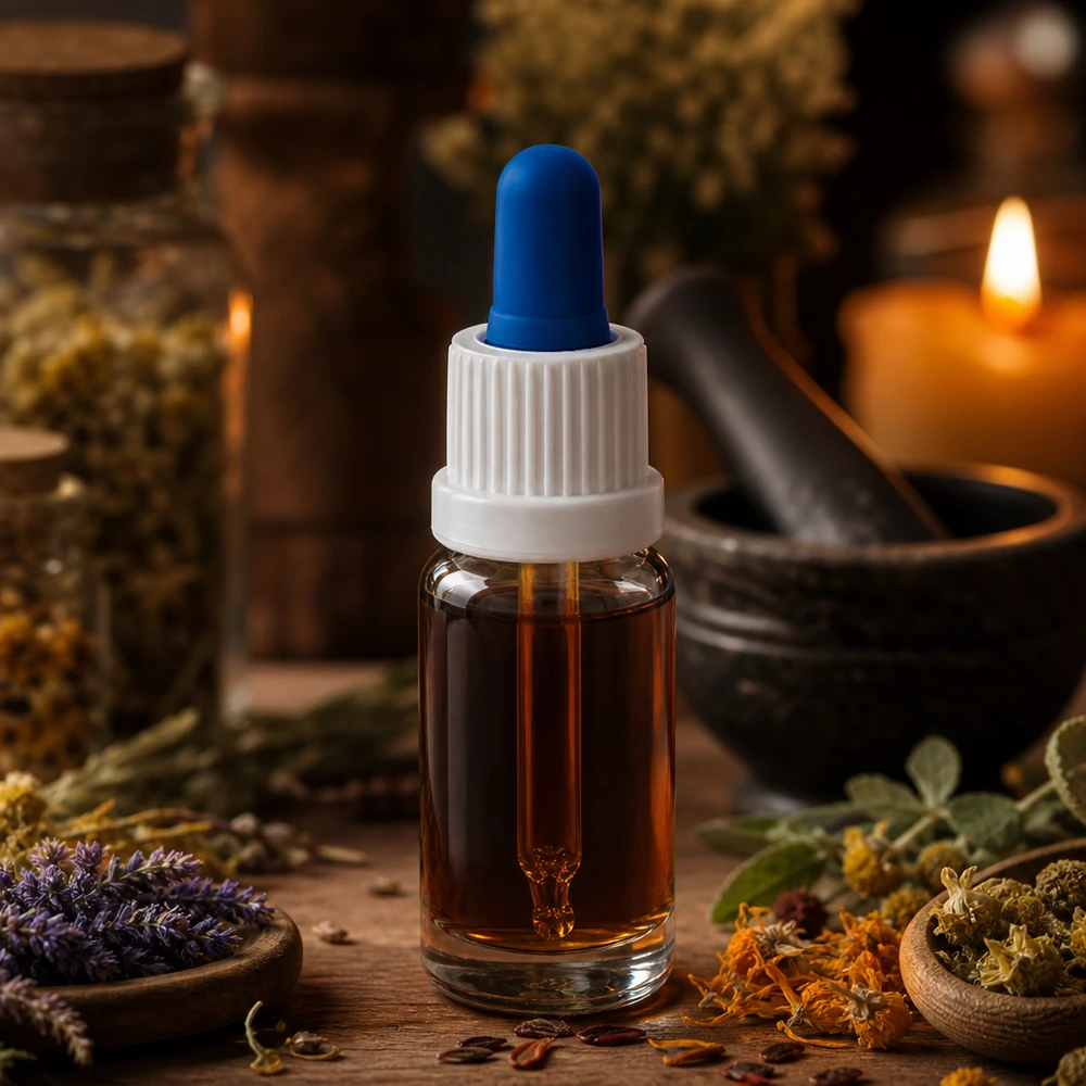 Aromaterapiflaska med pipett, 10 ml, i klart glas med örtmortel och ett ljus i bakgrunden