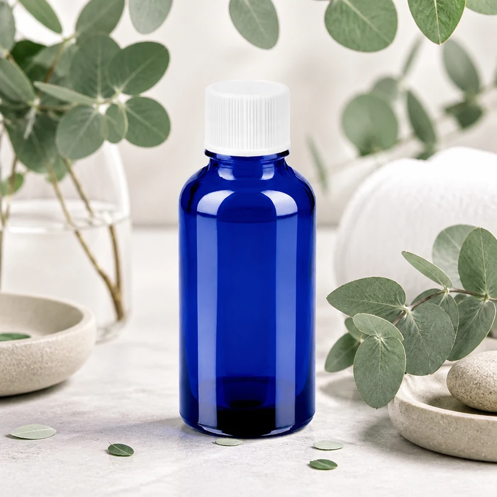 Liten 30 ml glasflaska i elegant blå färg för exakt dosering av tinkturer och essenser