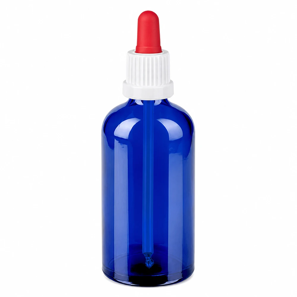 Blå pipettflaska 100 ml av glas med vitt lock och röd droppare för exakt dosering
