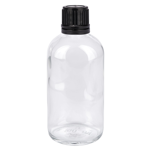 100ml globflaska 3mm hällring svart standardförslutning ClearLine UT18/1 Genomskinlig glasflaska, 100 ml, med svart skruvlock för globuler och homeopati
