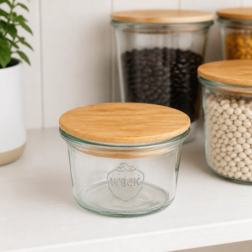 35ml Krossade glasögon WECK RR40 med trälock WECK mini mason jar 35ml RR40 med bambu trälock i ett modernt kök bredvid förvaringsburkar med bönor och linser