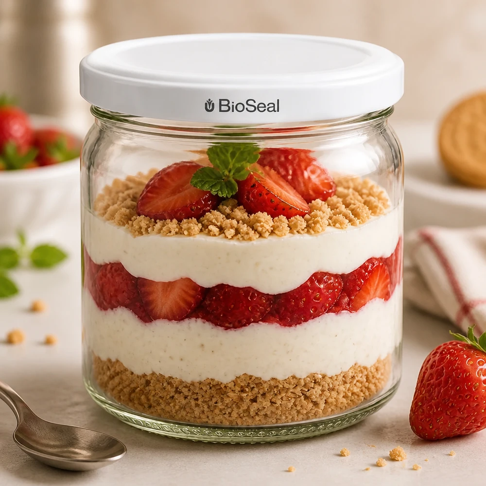 408 ml rund burk med vitt BioSeal-lock UNiTWIST UNiTWIST Runda408 som dessertburk med jordgubbar och grädde - kreativa desserter i lager i en BioSeal-förvaringsburk