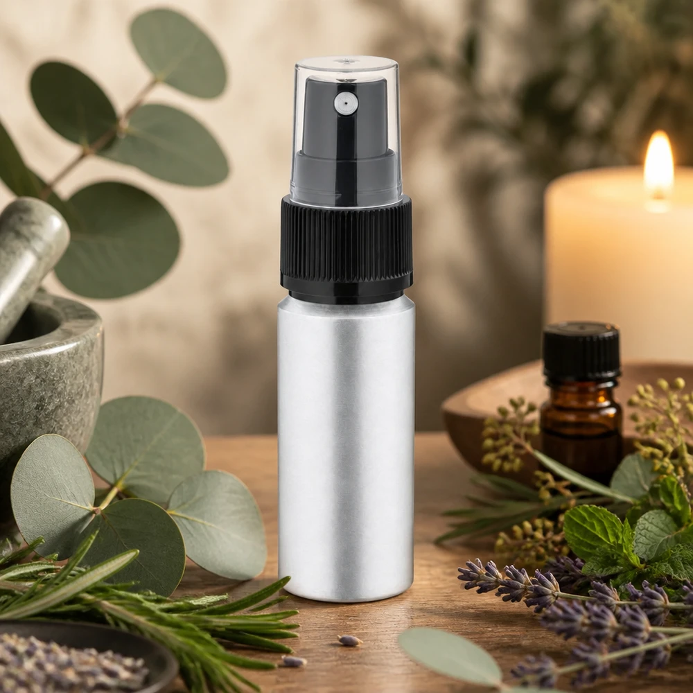 20ml flaska i betad aluminium med atomiserare Silverfärgad 20 ml aluminiumflaska med praktiskt sprayhuvud, idealisk för DIY-kosmetik och aromaterapi