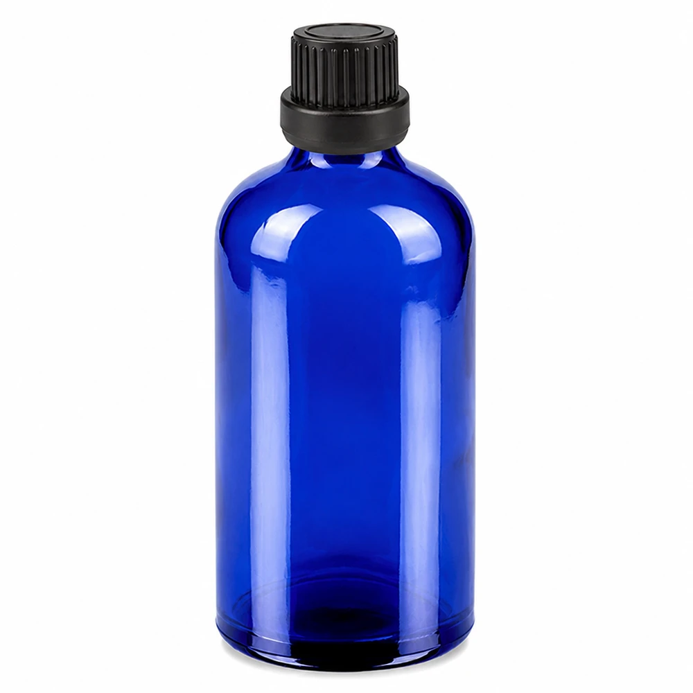 Blå glasflaska 100ml med svart dropplock 2mm för kosmetika och eteriska oljor