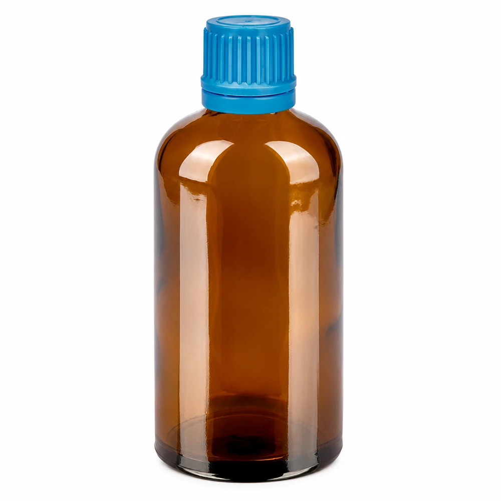 100 ml bärnstensfärgad glasflaska med blått skruvlock för laboratoriebruk och läkemedel