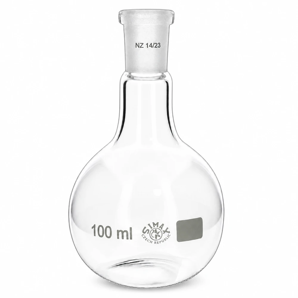 Höftkolv 100ml med standard slipad led (14/23) Rund glaskolv 100ml med smal hals och standardslipad fog 14/23 för exakt laboratoriearbete