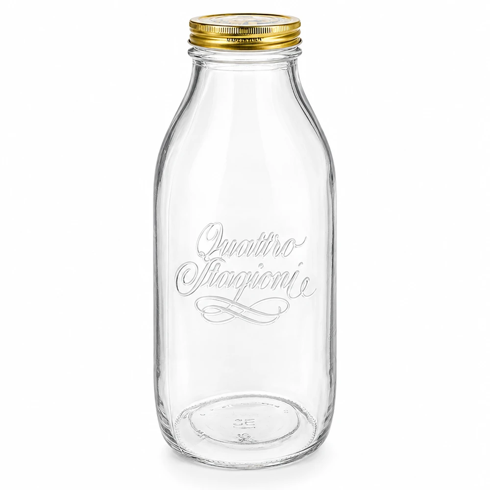 1000ml glasflaska "Quattro Stagioni" med lock 1000 ml glasflaska Quattro Stagioni med gyllene skruvkork, transparent med eleganta bokstäver, mjölkflaskdesign