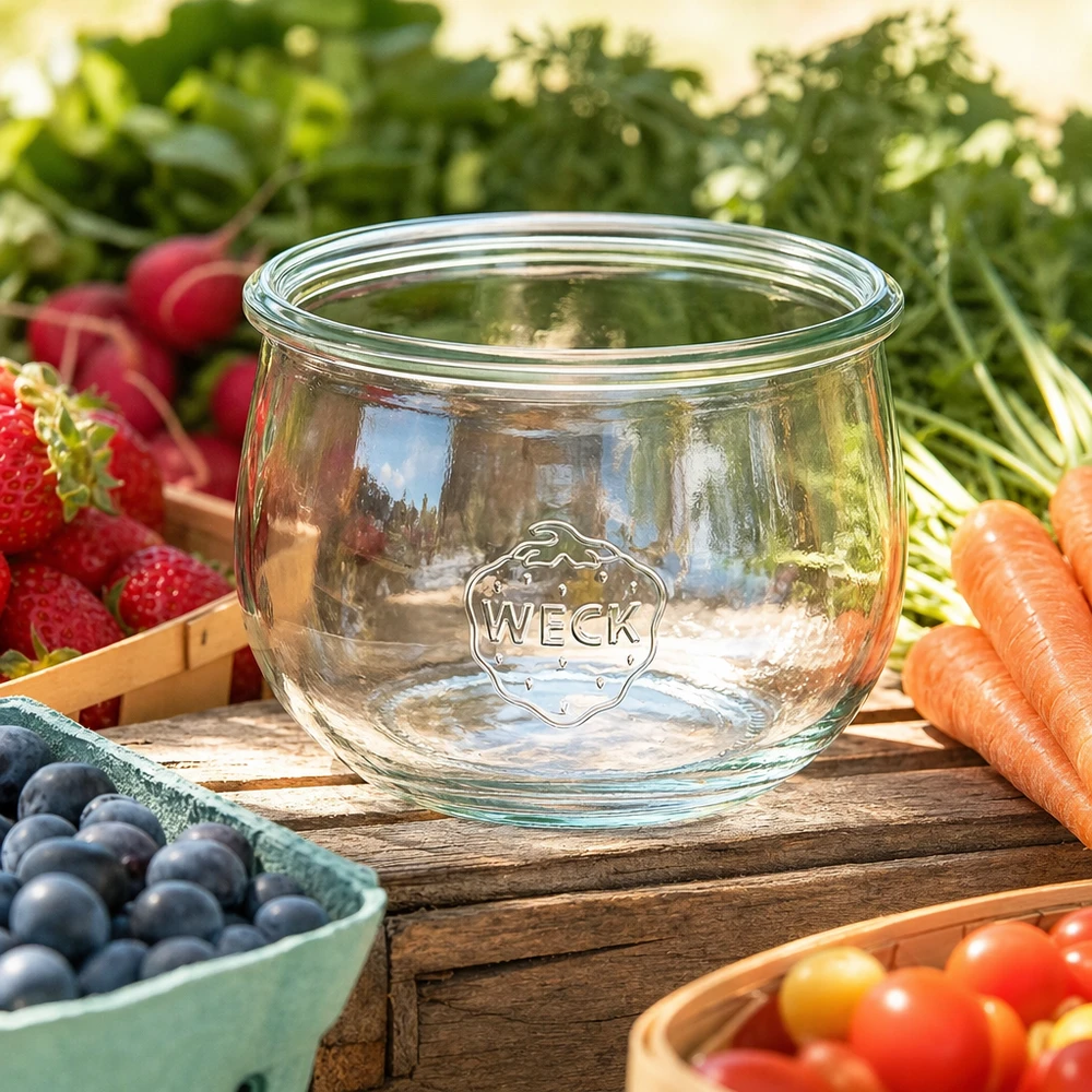 WECK tulpanburk 580ml RR100 konserveringsburk i glas med logotyp omgiven av färsk frukt och grönsaker på ett träbord