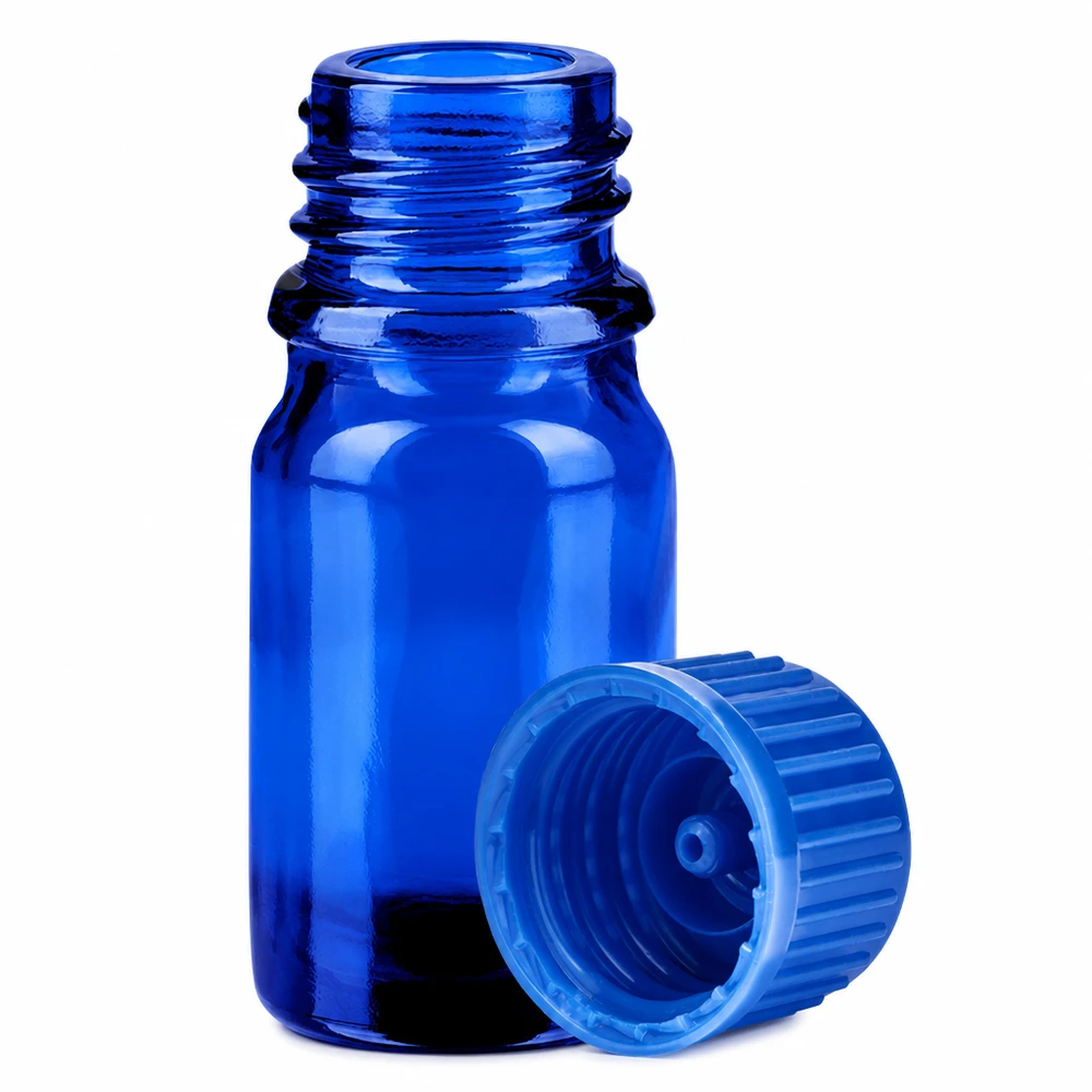 Liten 5 ml laboratorieflaska av blått glas med 11 mm gänga för prover och essenser