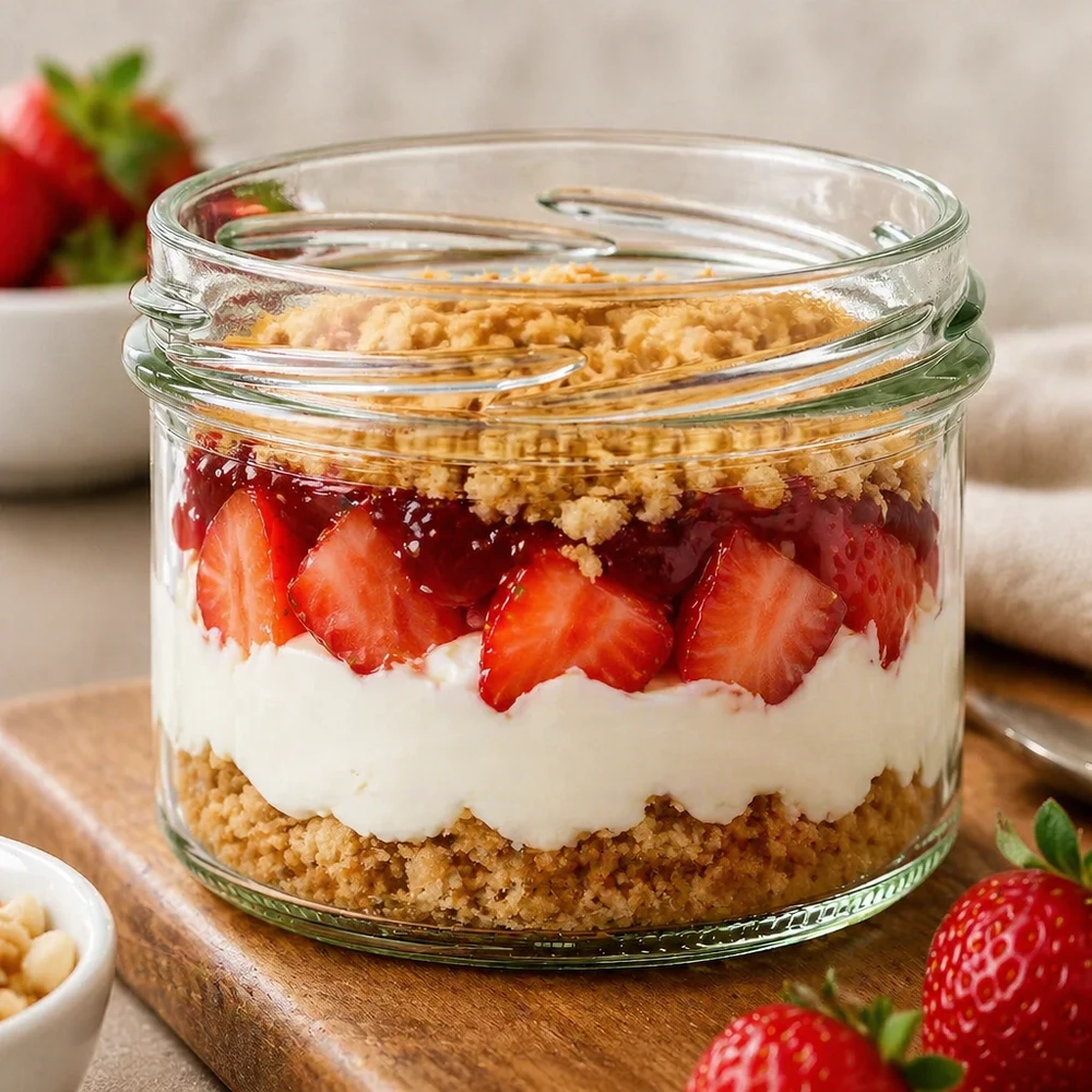 225ml Krossade glasögon utan lock (TO82) UNiTWIST UNiTWIST Sturz225 glas 225ml TO82 med jordgubbsdessert skiktad dessert yoghurt kexbotten i en burk