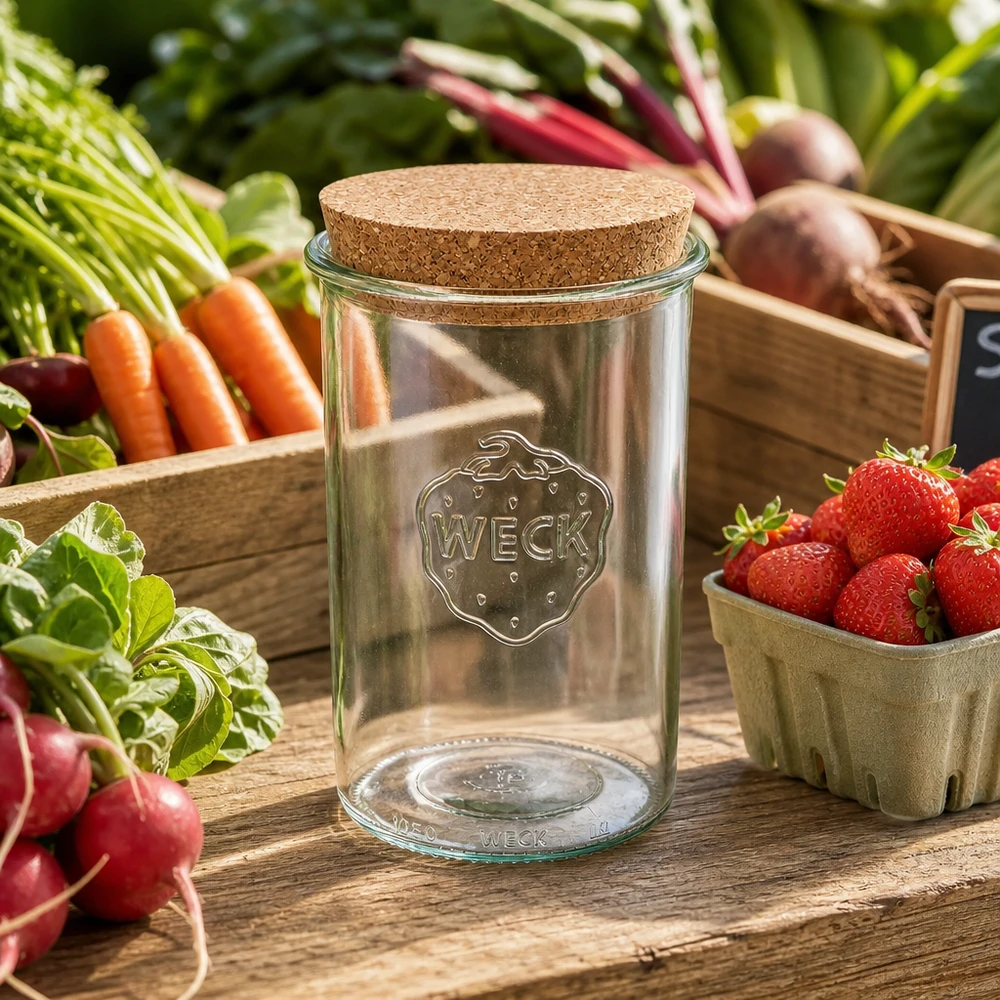 1000ml Krossade glasögon WECK RR100 med naturkork WECK Sturzglas 1000ml RR100 mit Korken zwischen frischem Gemüse und Erdbeeren natürliche Küchenszene Vorratsglas