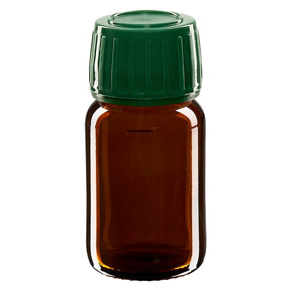 30 ml medicinflaska brun, lock grönt med manipuleringssäker ring ApoGlas 30 ml medicinflaska brun, lock grönt med manipuleringssäker ring ApoGlas
