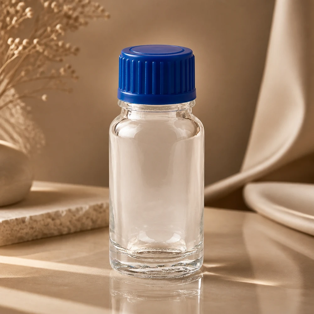 10 ml flaska i klarglas, serien ClearLine UT18/10, med blå 11 mm standardkork – sidovy