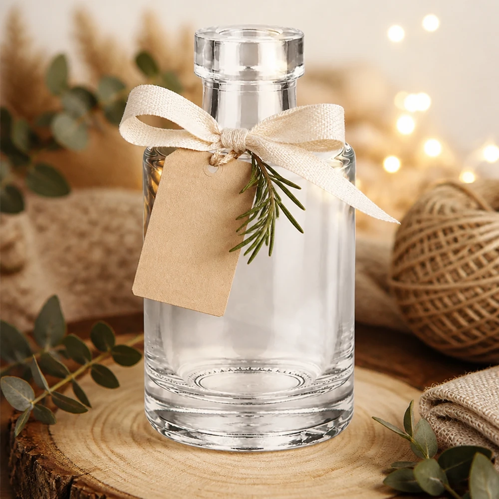 100 ml glasflaska Marie utan lock UNiTWIST® 100 ml glasflaska Marie dekorativ med hängsmycke i form av presentband och rosmarin i en mysig miljö med ljusslingor
