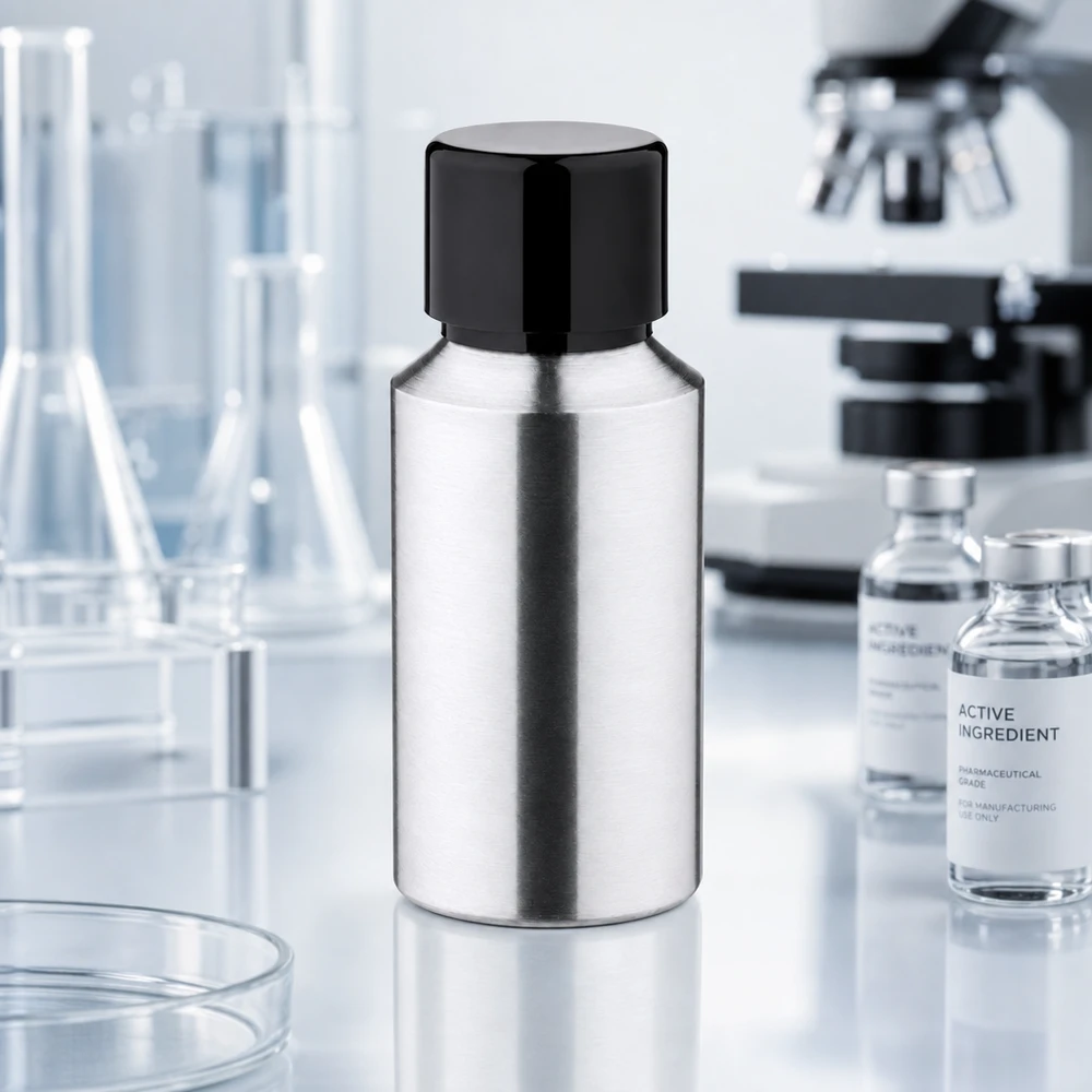 30ml polerad aluminiumflaska med skruvkork 30 ml flaska i polerad aluminium med svart lock, idealisk för professionella laboratorieapplikationer