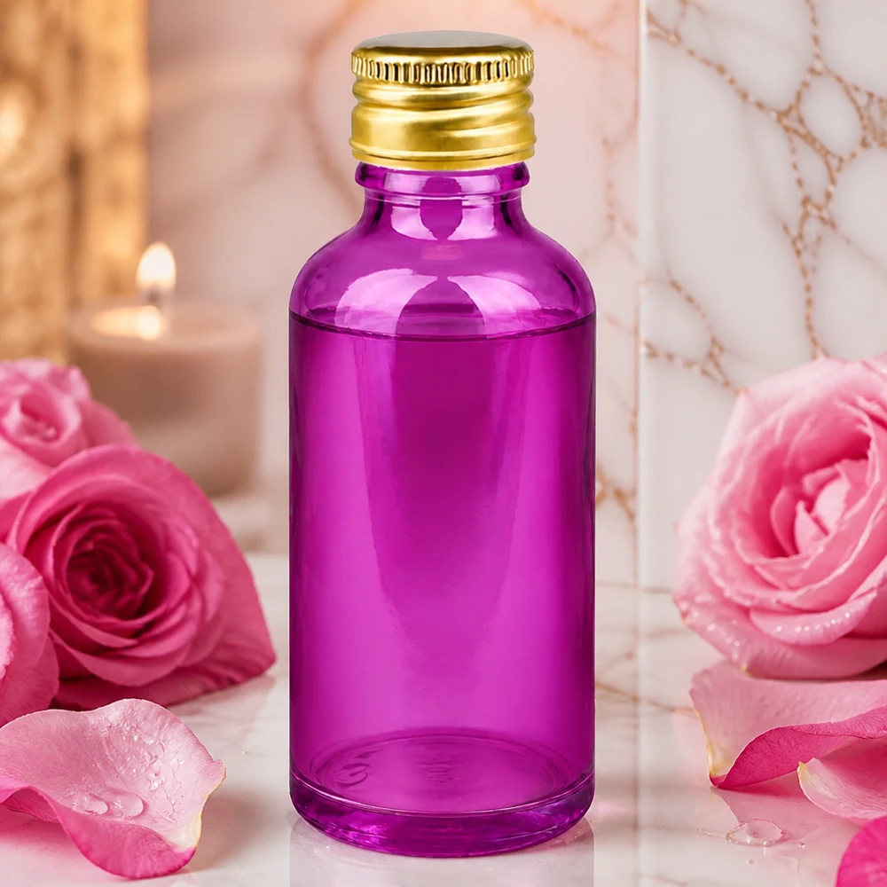 50ml flaska 11mm skruvkork aluminium guld standard PurpleLine. UT18/50 Högkvalitativ 50 ml glasflaska i lila med guldlock i aluminium för professionella kosmetiska produkter