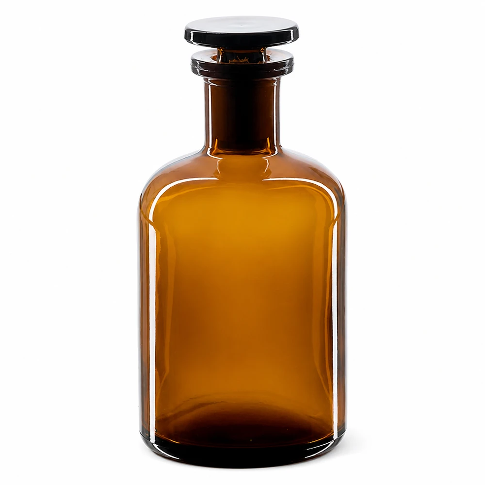 Brun rundskuldrad flaska, 100 ml, med glaspropp och smal hals, tillverkad av högkvalitativt laboratorieglas