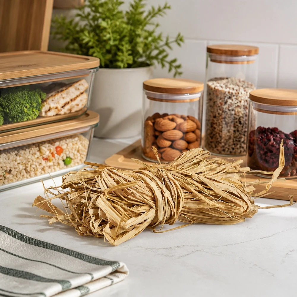 Naturraffia 30 g gyllene beige på köksbänk med förvaringsburkar visar praktisk köksorganisation och dekorationsidéer