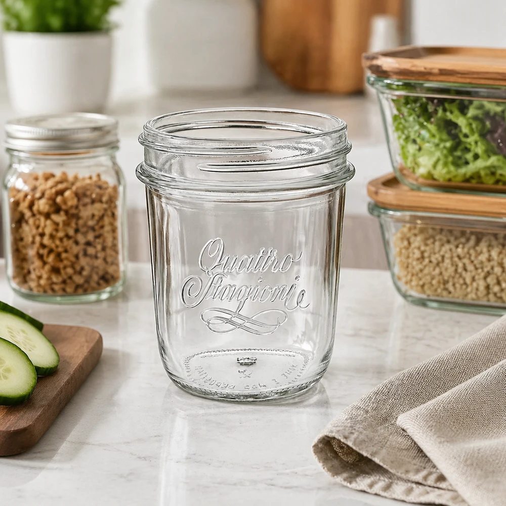 320 ml "Quattro Stagioni" Krossade glasögon QS86mm Quattro Stagioni Sturzglas 320ml auf Küchentheke mit Lebensmitteln - elegantes Einmachglas für Vorratshaltung