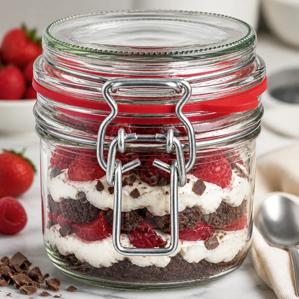 255 ml förvaringsburk av typ G med klämförslutning UN.. 255ml Bügelverschluss-Glas mit geschichtetem Erdbeer-Schoko-Dessert, perfekt für Trifle und süße Leckereien