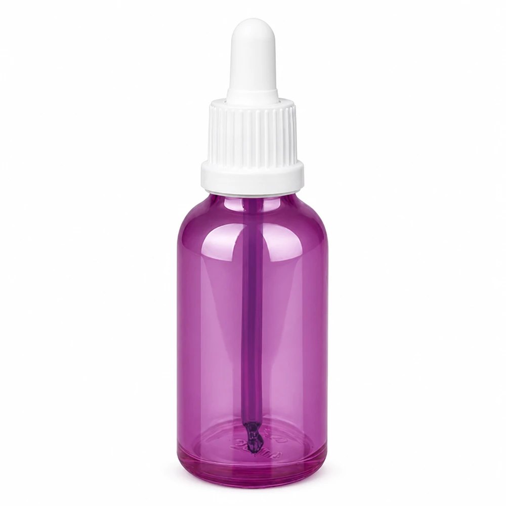 30 ml pipettflaska, violett transparent med vitt lock för exakt dosering