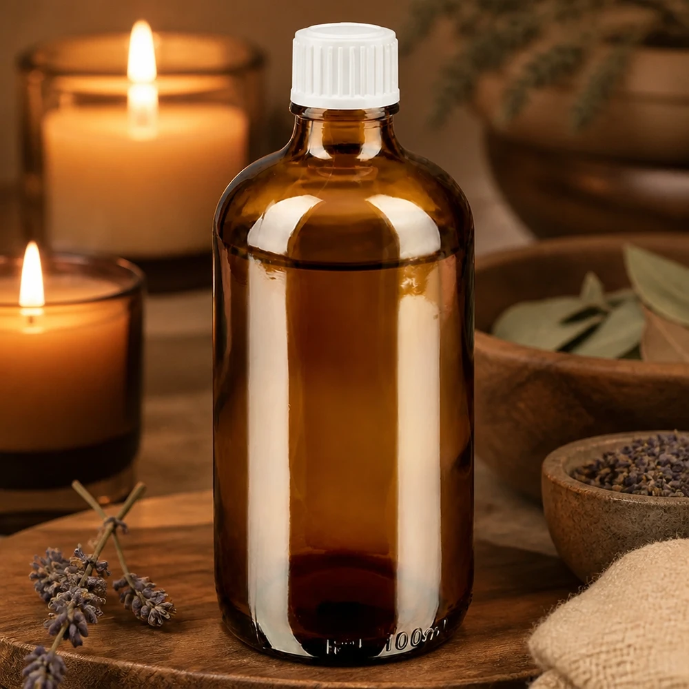 Apoteksflaska brun 100ml droppflaska vit 0,8mm standard En bärnstensfärgad glasflaska på 100 ml med vit doseringskork, perfekt för aromaterapi och naturkosmetik