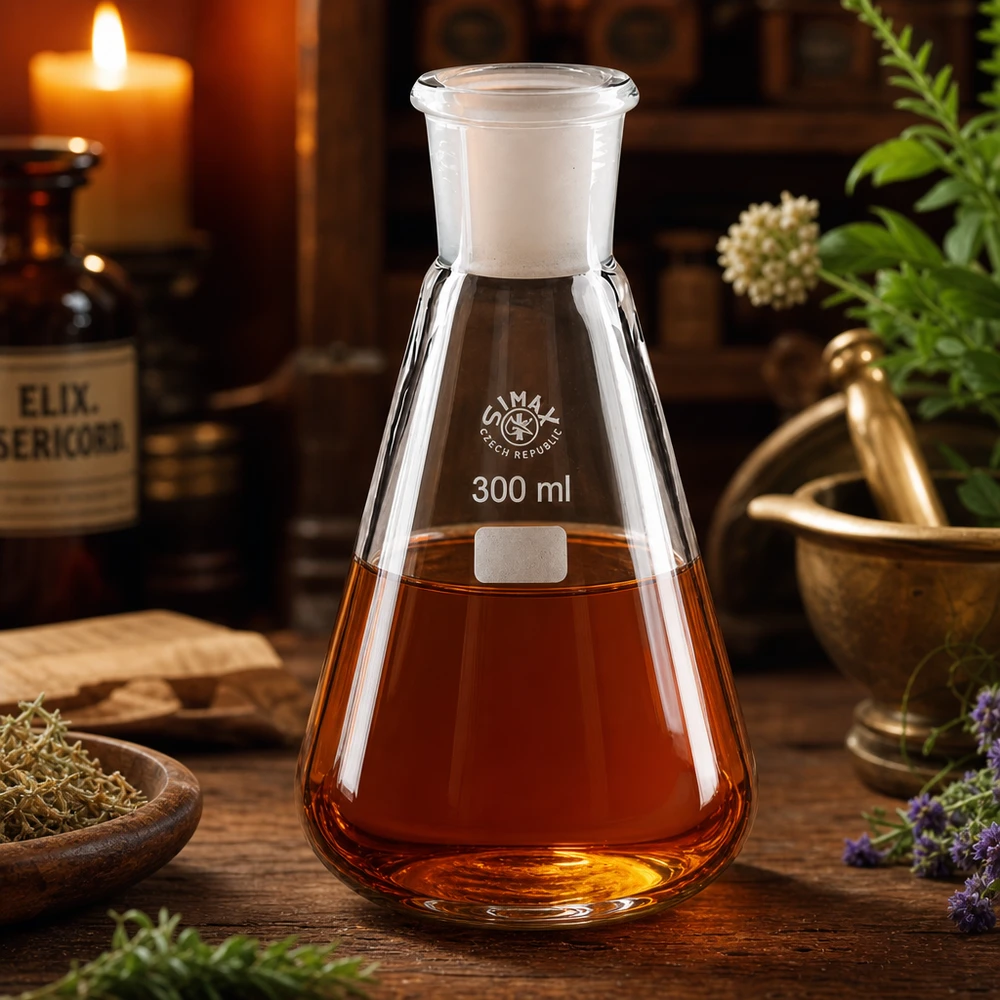 Erlenmeyerkolv 300ml med orangeröd vätska och standardslipad fog 29/32 i en rustik laboratoriemiljö