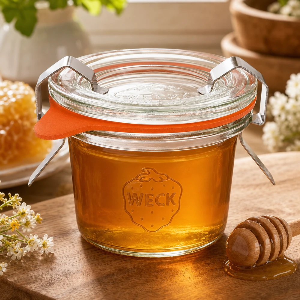 35ml Krossade glasögon komplett WECK RR40 WECK Sturzglas 35ml RR40 mit goldenem Honig gefüllt neben Honiglöffel und Waben zeigt natürliche Lagerung