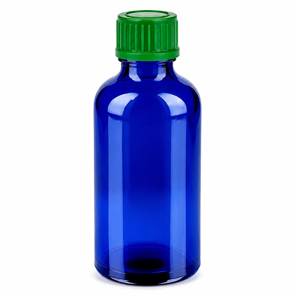 50 ml blå glasflaska med grönt skruvlock för eteriska oljor och kosmetika