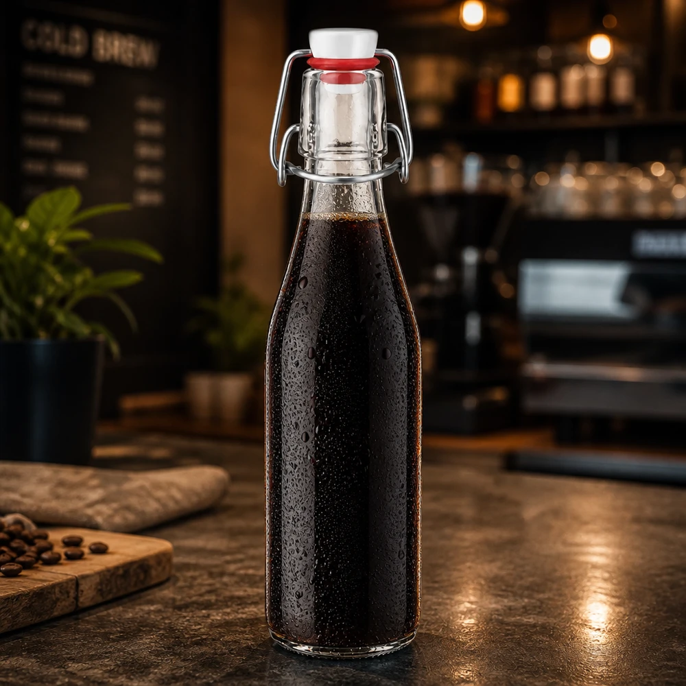 250 ml glasflaska + svängbart lock PVC UNiTWIST 250ml Glasflasche mit dunklem Getränk gefüllt, Bügelverschluss PVC UNiTWIST, stilvolle Küchendeko auf Holztisch