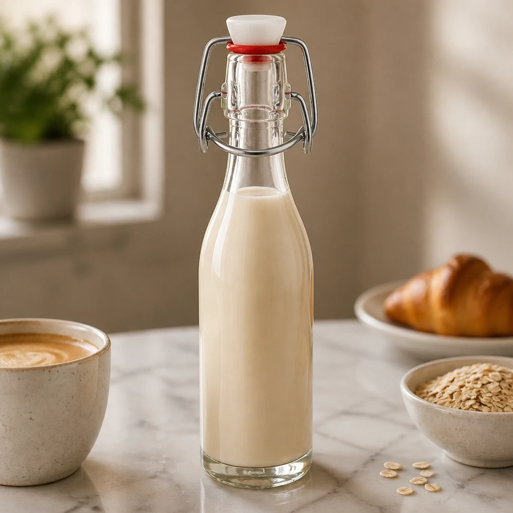 50ml glasflaska + svängbar topp PVC UNiTWIST 50 ml glasflaska med svängbart lock fylld med havremjölk i ett mysigt kök bredvid en kaffekopp och havreflingor