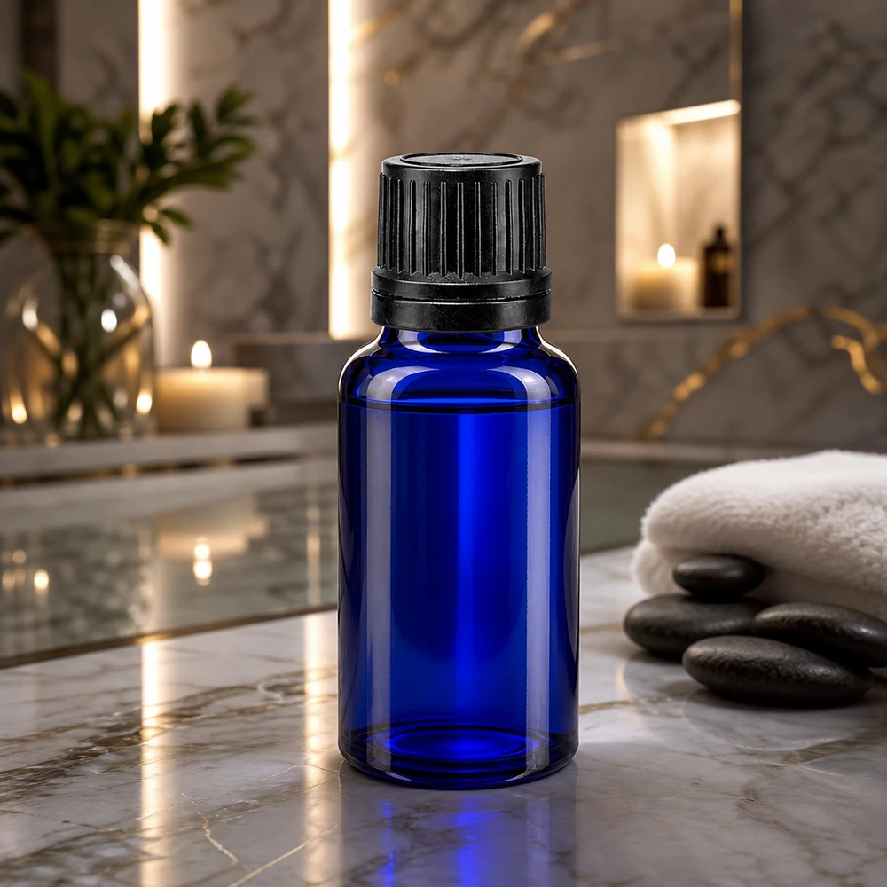 Blå 20 ml droppflaska i apotekerglas med svart OV-lock på en elegant marmorbricka i spaet
