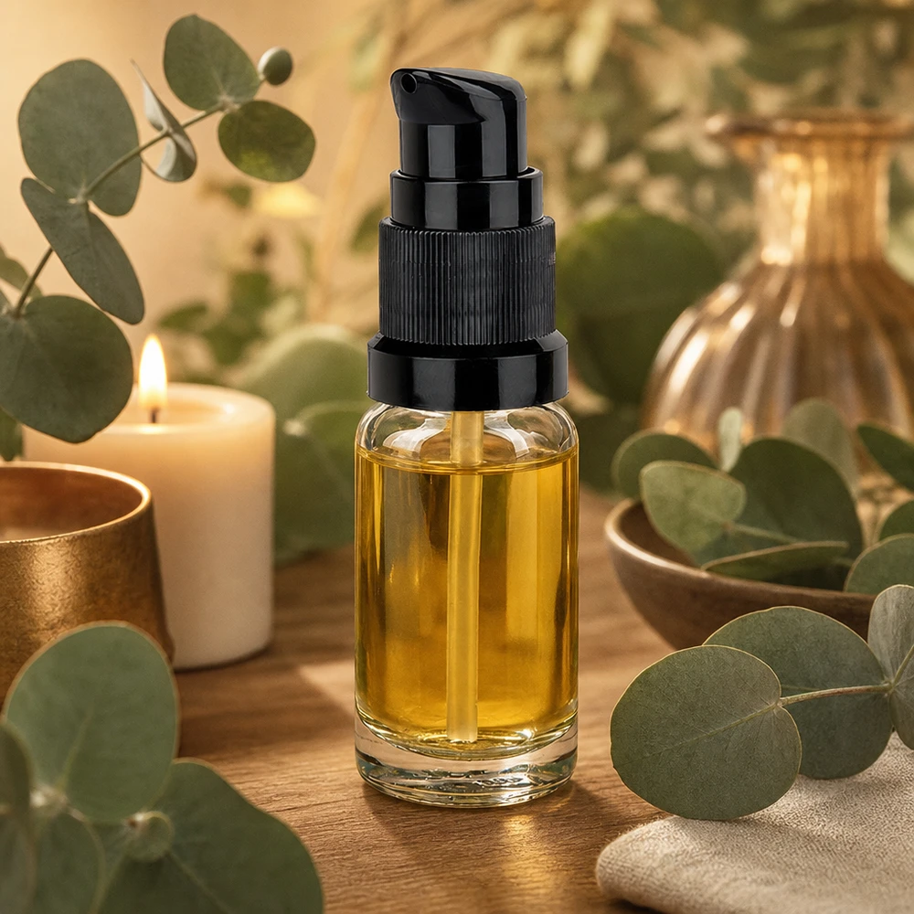 Genomskinlig 10 ml pumpflaska UT18/10 med svart doseringspump för eteriska oljor