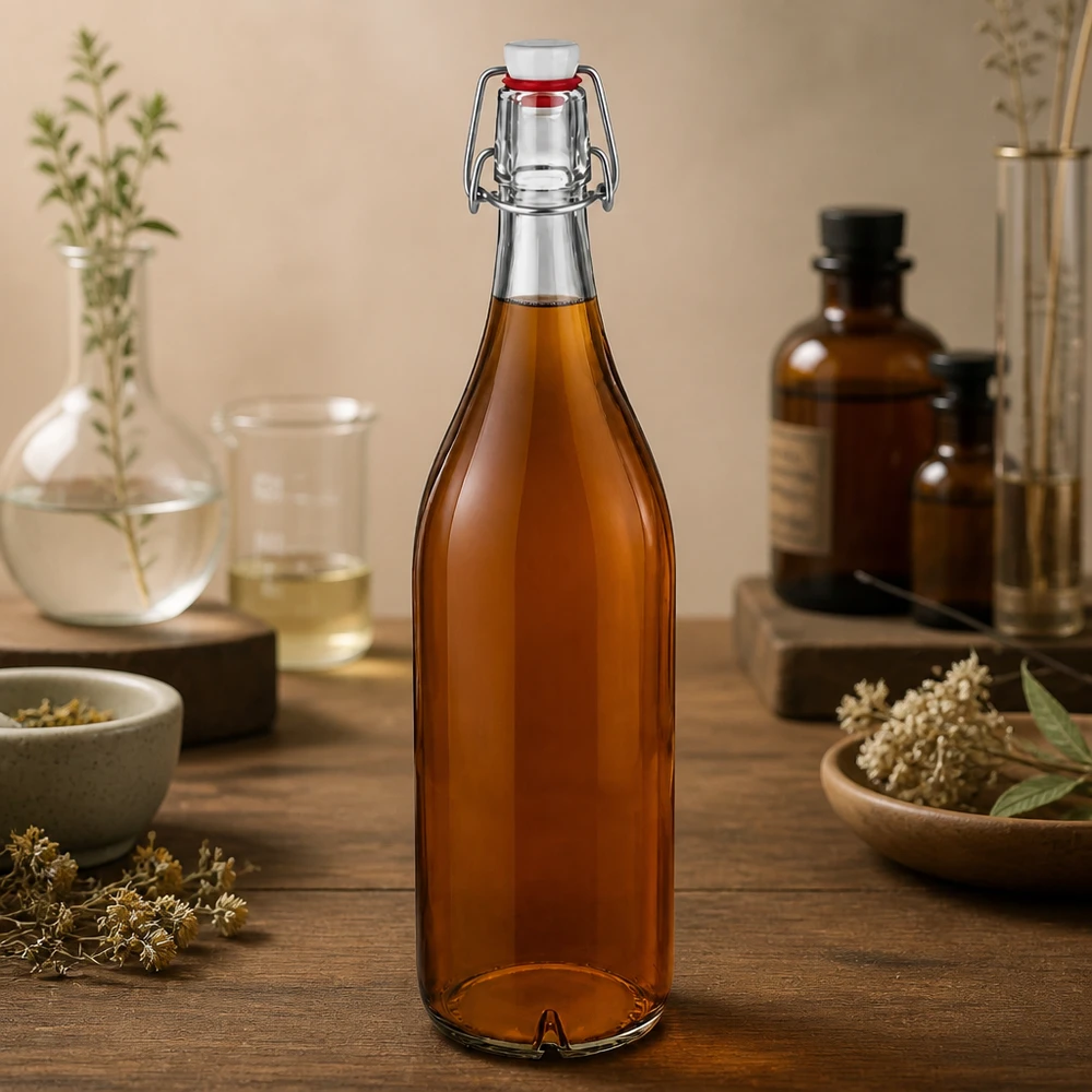 1000 ml glasflaska + svängbar topp PVC UNiTWIST 1000 ml glasflaska med svängbart lock PVC bärnstensfärgad fylld med örtte naturlig dekoration träbord