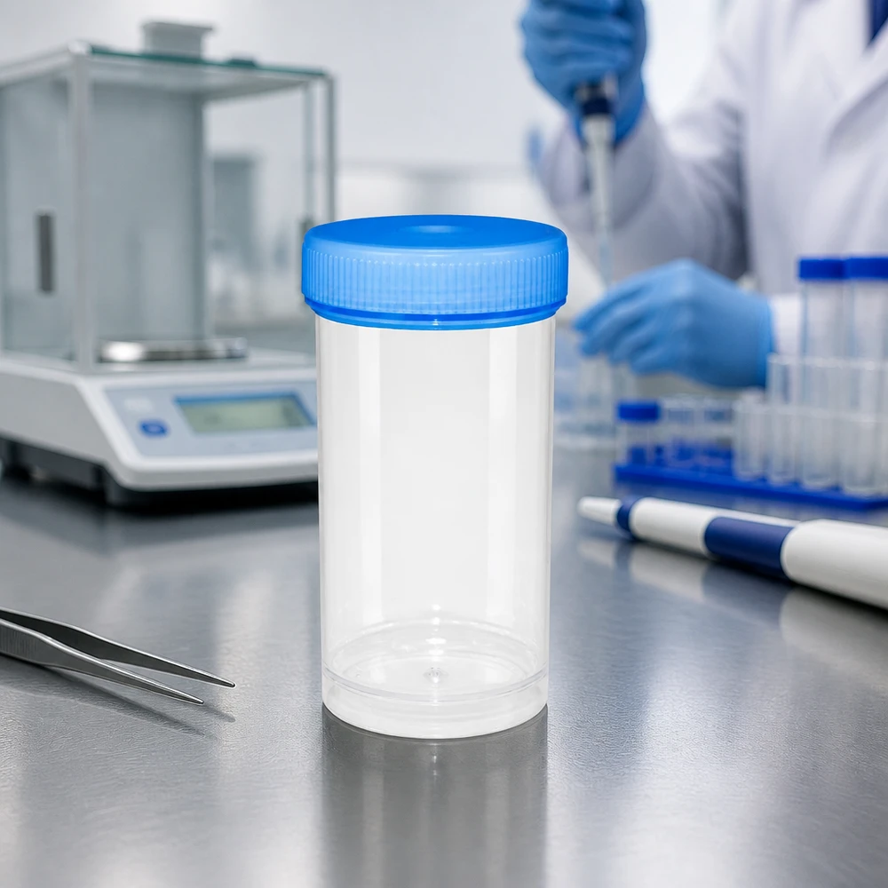 Steril provbehållare på 100 ml bredvid analysvågen och pipetterna i det medicinska laboratoriet