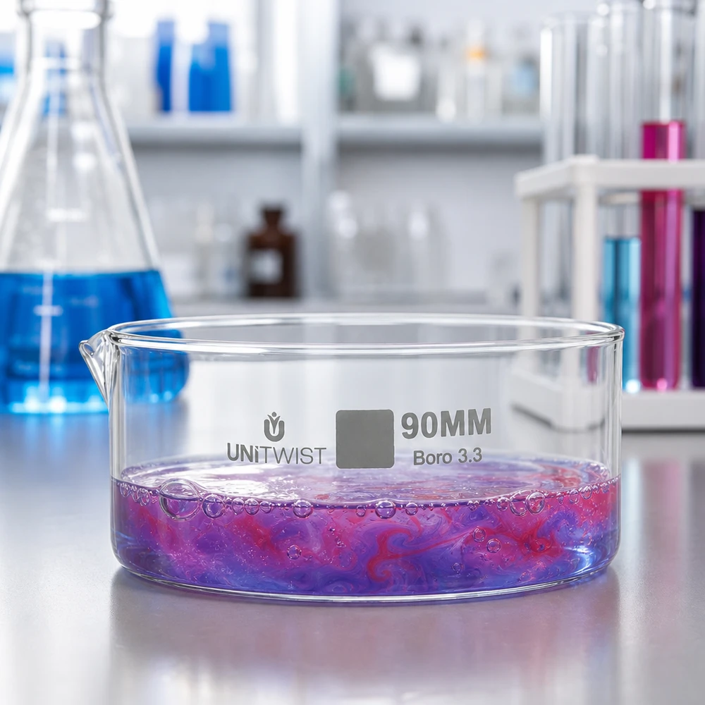 Kristallisationskärl ø90 mm, borosilikatglas UNiTWIST Kristallisationsskål 90 mm UNiTWIST med violett-röd vätska, borosilikatglas, laboratorieexperiment