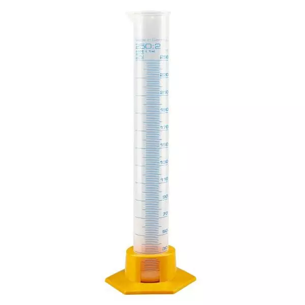 250ml graderad mätcylinder i polypropylen med gul bas