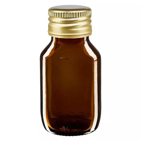 50 ml medicinflaska brun, med guldfärgat aluminiumlock ApoGlas 50 ml medicinflaska brun, med guldfärgat aluminiumlock ApoGlas