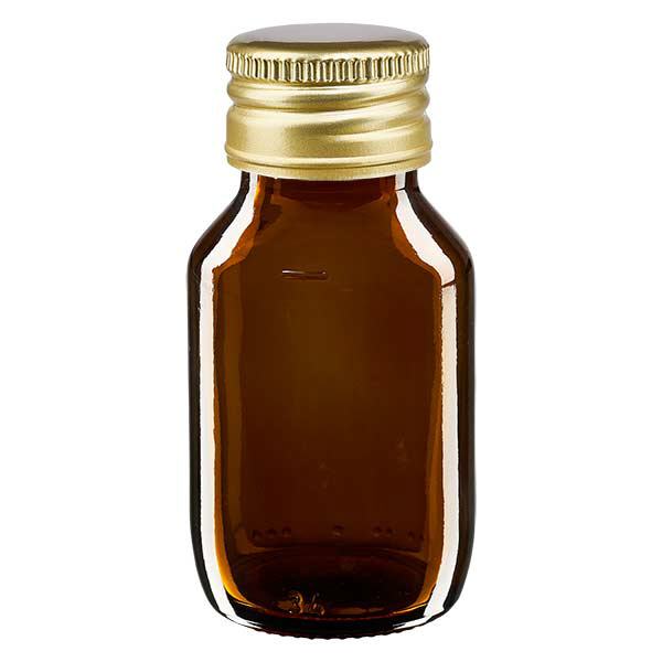 50 ml medicinflaska brun, med guldfärgat aluminiumlock ApoGlas 50 ml medicinflaska brun, med guldfärgat aluminiumlock ApoGlas