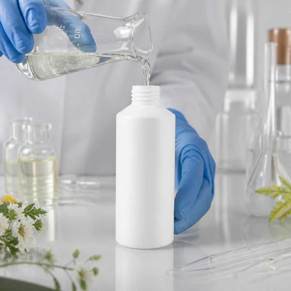 Rund apoteksflaska, 100 ml, HDPE, vit, fylls med vätska i laboratoriet